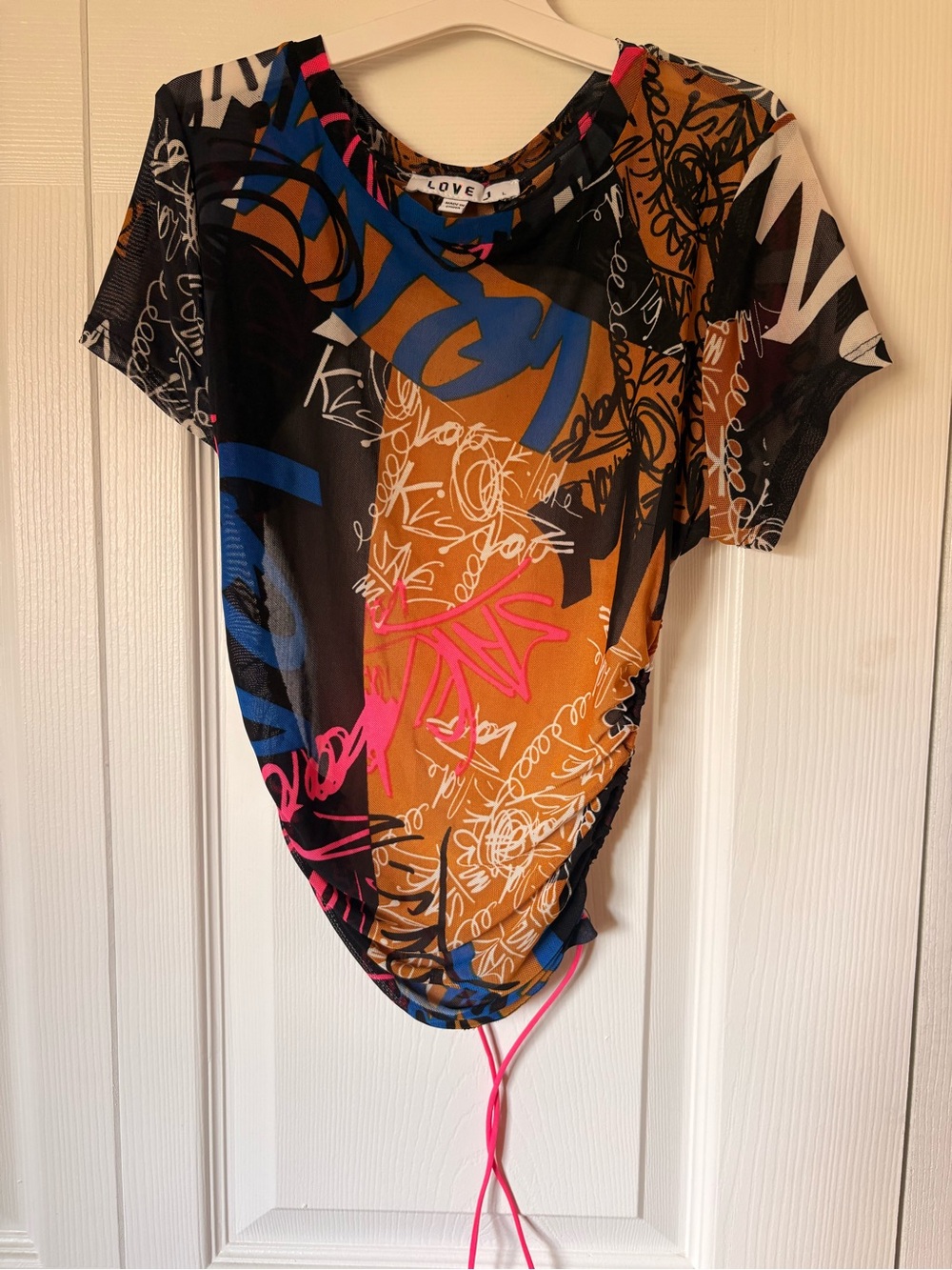 Sheer Graffiti Open Back Tie Shirt